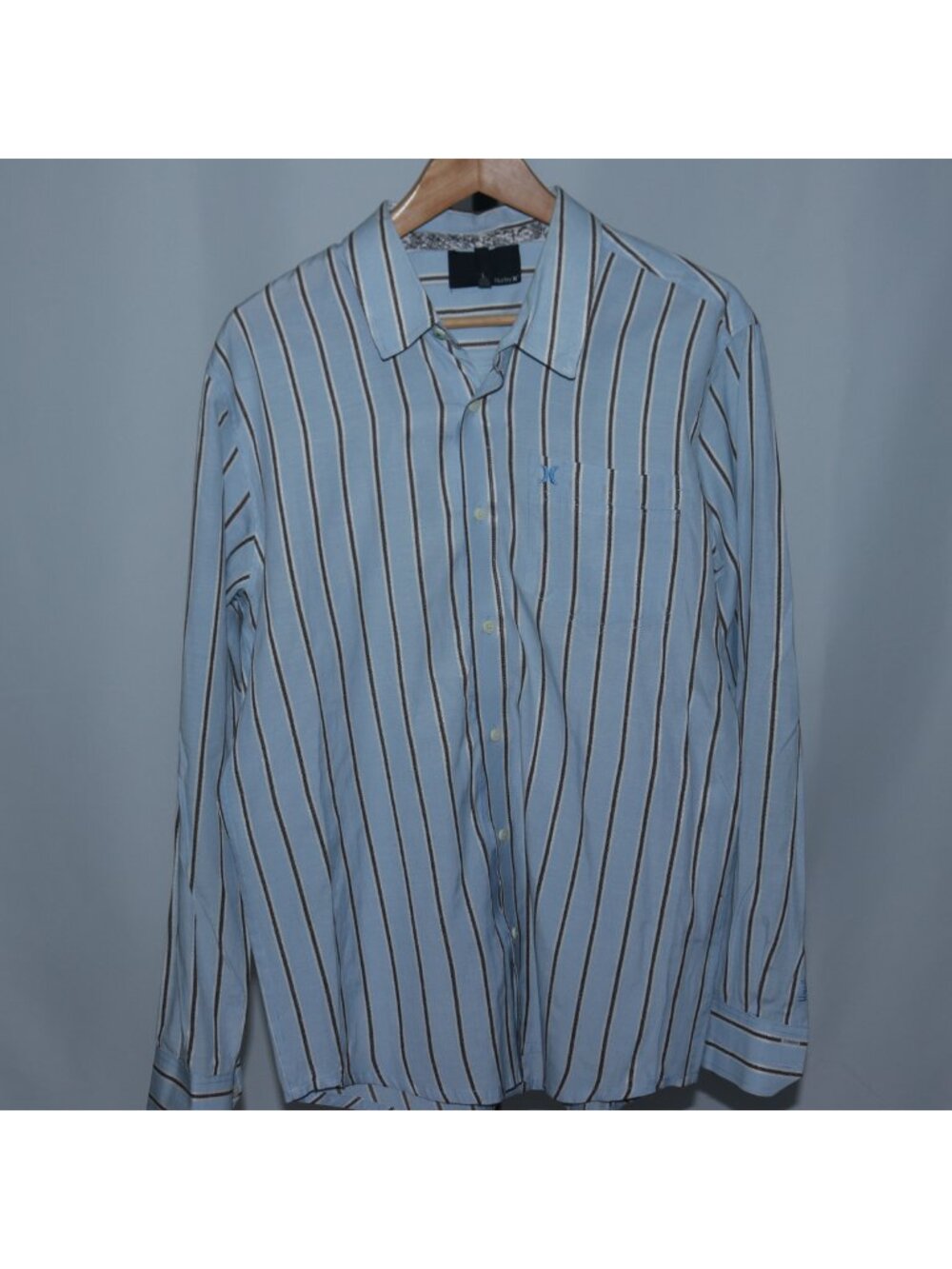 Hurley Mens Striped Y2K Long Sleeve Button-Up Shirt Blue Chest Pocket Size L